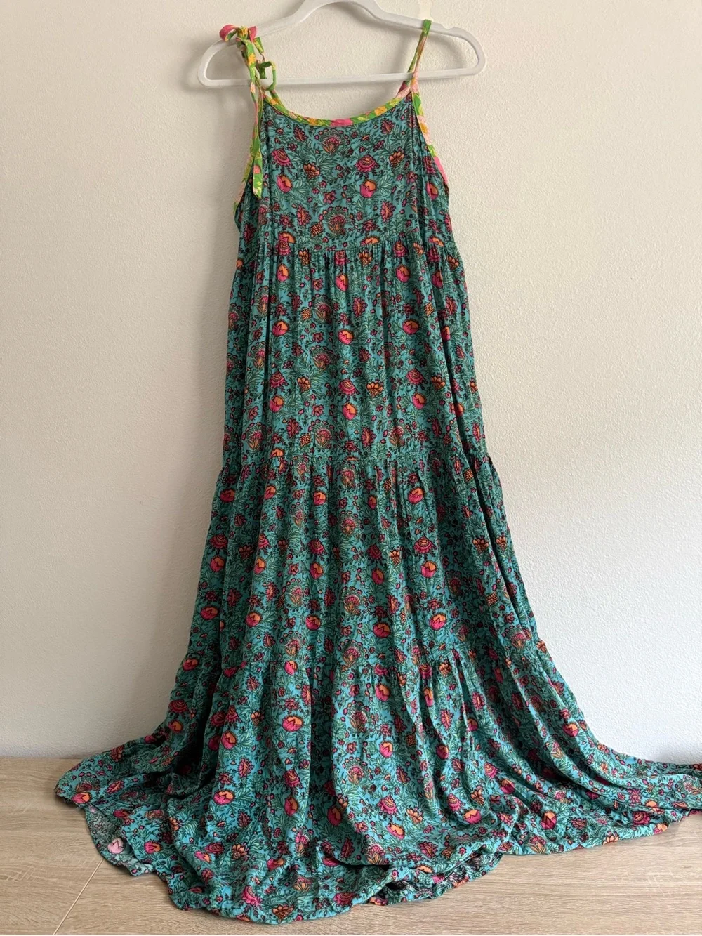 Natural Life Maddie Maxi Dress Turquoise Pink Fan Floral Sz L - Picture 4 of 7